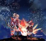  2girls ahoge backpack bag bag_charm bandaged_arm bandaged_leg bandages bangs bare_back bloomers boots bow_(weapon) bracelet brown_footwear brown_gloves cabbie_hat charm_(object) choker clover_print dodoco_(genshin_impact) explosion eyebrows_visible_through_hair fireworks from_behind genshin_impact gloves hair_between_eyes hair_ornament hat hat_feather hat_ornament highres holding holding_bow_(weapon) holding_weapon hooded_coat japanese_clothes jewelry jumpy_dumpty klee_(genshin_impact) knee_boots kneehighs knownsami light_brown_hair long_hair long_sleeves looking_at_viewer looking_back low_twintails multiple_girls night night_sky orange_eyes pointy_ears ponytail randoseru rope sarashi shimenawa sidelocks sky smile star_(sky) starry_sky twintails underwear vision_(genshin_impact) weapon wide_sleeves yoimiya_(genshin_impact) 