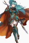  1girl a_(user_vtsy8742) armor blue_eyes blue_hair breastplate breasts earrings eirika_(fire_emblem) fire_emblem fire_emblem:_the_sacred_stones gloves hair_between_eyes highres hip_armor holding holding_polearm holding_spear holding_weapon jewelry leg_armor long_hair looking_at_viewer polearm ponytail simple_background solo spear thigh-highs weapon white_background 
