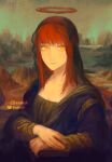  1girl alternate_costume braid chainsaw_man halo highres keibleh long_hair looking_at_viewer makima_(chainsaw_man) meme mona_lisa parody redhead simple_background sitting smile solo yellow_eyes 