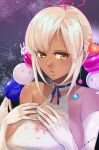  1girl absurdres bare_shoulders blonde_hair breasts choker dark_skin elbow_gloves eyebrows_visible_through_hair gloves highres hololive hololive_english kivo large_breasts long_hair low_twintails parted_lips planet_hair_ornament sideboob solo space tsukumo_sana twintails upper_body virtual_youtuber yellow_eyes 