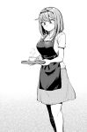  1girl apron breasts cup greyscale hairband highres kou1 large_breasts medium_hair medium_skirt monochrome original skirt solo steam teacup tray waitress 