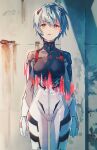  1girl ayanami_rei bangs black_bodysuit blue_hair blush bodysuit breasts collar crying crying_with_eyes_open evangelion:_3.0+1.0_thrice_upon_a_time eyebrows_visible_through_hair hair_between_eyes hairpods hajikkoneko highres light light_smile looking_at_viewer neon_genesis_evangelion outdoors parted_lips plugsuit rebuild_of_evangelion short_hair skin_tight solo spoilers standing streaming_tears tears white_bodysuit 
