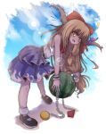  ! 1girl black_footwear blue_skirt blue_sky bow eyebrows_visible_through_hair food from_side fruit full_body hair_bow highres holding holding_food holding_fruit horn_ornament horns ibuki_suika leaning_forward lens_flare light_brown_hair long_hair looking_at_viewer looking_to_the_side low-tied_long_hair open_mouth orange_eyes red_bow shen_li shirt shoes skirt sky sleeveless sleeveless_shirt socks solo standing touhou watermelon white_legwear wrist_cuffs 
