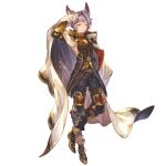  1boy androgynous animal_ears black_footwear black_gloves black_pants braid cape closed_mouth diamond_(shape) elbow_gloves erune french_braid full_body gloves granblue_fantasy hair_ornament hood hood_down knee_pads male_focus minaba_hideo official_art pants purple_hair quatre_(granblue_fantasy) shoes sleeveless solo transparent_background turtleneck violet_eyes 