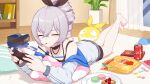  1girl bangs bare_shoulders barefoot book bookshelf bronya_zaychik can chips closed_eyes closed_mouth cola controller curtains drill_hair food fruit full_body grey_hair hair_between_eyes hair_ribbon highres holding holding_controller homu_(honkai_impact) honkai_(series) honkai_impact_3rd in_mouth indoors jacket liumang_tu_shua_p_zhan long_sleeves lying macaron on_stomach pillow plant plate playing_games pocky ribbon slippers smile soda_can solo strawberry sweets vase white_jacket window 