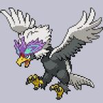  bird commentary_request full_body green_eyes grey_background hisuian_braviary hisuian_form lowres no_humans onigashira_ginkaku open_mouth pixel_art pokemon pokemon_(creature) simple_background solo sprite talons 