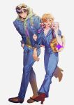  1boy 1girl alternate_costume black_hair blonde_hair camera denim eyewear_on_head full_body highres jacket jojo4_hd jojo_no_kimyou_na_bouken kujo_holy kujo_jotaro mother_and_son simple_background stardust_crusaders sunglasses 