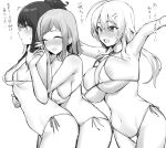  3girls bikini black_hair blonde_hair breast_press breasts covered_nipples from_behind from_side greyscale hachimiya_meguru hair_ornament hairpin happy highres hotate-chan idolmaster idolmaster_shiny_colors kazano_hiori large_breasts legs_together medium_breasts monochrome multiple_girls navel open_arms redhead sakuragi_mano shiny shiny_skin side-tie_bikini small_breasts surprised swimsuit torso_grab 