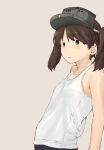  1girl brown_background brown_eyes brown_hair chagamaka flat_chest highres kantai_collection ryuujou_(kancolle) solo tank_top twintails upper_body visor_cap white_tank_top 