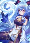  bare_shoulders bell black_gloves black_legwear blue_hair breasts detached_sleeves ganyu_(genshin_impact) genshin_impact gloves gold_trim highres horns long_hair medium_breasts neck_bell orb solo tomoyohi violet_eyes vision_(genshin_impact) white_sleeves 