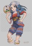  1girl akari_(pokemon_legends:_arceus) bird black_hair collarbone commentary_request eyelashes gen_7_pokemon grey_background grey_eyes hand_on_hip head_scarf highres kikuyoshi_(tracco) long_hair loose_socks open_mouth owl pokemon pokemon_(creature) pokemon_(game) pokemon_legends:_arceus ponytail rowlet sash short_sleeves shorts sidelocks signature tongue white_headwear white_legwear 