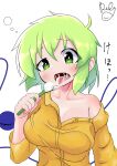  1girl absurdres ahoge bangs bare_shoulders blush breasts collarbone eyeball eyebrows_visible_through_hair green_eyes green_hair hand_up highres holding holding_toothbrush komeiji_koishi large_breasts no_hat no_headwear off_shoulder open_mouth polyhedron2 saliva saliva_trail shirt short_hair signature simple_background solo tearing_up third_eye tongue tongue_out toothbrush touhou translation_request white_background yellow_shirt 