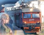  1girl bag blonde_hair blue_eyes braid breasts closed_mouth commentary daito earrings expressionless french_braid grass green_sweater ground_vehicle hair_ornament hairclip jewelry medium_breasts railroad_tracks ribbed_sweater russia russian_text sign sweater train train_station train_station_platform 
