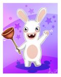  animal_ears blue_eyes border buck_teeth commentary commission deviantart_username english_commentary full_body holding looking_at_viewer open_mouth plunger purple_background rabbid rabbit_ears raving_rabbids signature smile solo standing star_(symbol) tongue waving white_border 