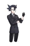  1boy adjusting_sleeves alternate_costume bangs black_coat black_gloves black_hair black_pants blue_eyes buttons closed_mouth coat collared_shirt commentary_request gloves grimsley_(pokemon) hair_between_eyes korean_commentary male_focus mongguri necktie pants pokemon pokemon_(game) pokemon_bw shirt simple_background smile solo spiky_hair white_background white_shirt 