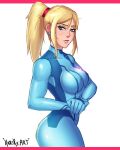  1girl artist_request bangs blonde_hair blue_eyes blush bodysuit breasts highres large_breasts long_hair looking_at_viewer metroid metroid_dread mole mole_under_mouth ponytail samus_aran simple_background skin_tight smile solo zero_suit 