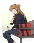 1girl alternate_costume bag bench blue_eyes highres hks_(timbougami) holding holding_bag holding_phone long_hair looking_at_viewer neon_genesis_evangelion open_mouth orange_hair pants phone simple_background sitting solo souryuu_asuka_langley sweater twintails two_side_up