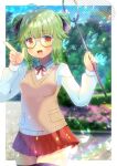  1girl :d animal antenna_hair bangs black_legwear blurry blurry_background blush breasts brown_eyes bug butterfly butterfly_net character_request commentary_request depth_of_field double_bun eyebrows_visible_through_hair glasses green_hair grey-framed_eyewear hand_net hands_up holding index_finger_raised indie_virtual_youtuber insect kou_hiyoyo lens_flare long_sleeves looking_at_viewer low_twintails neck_ribbon open_mouth pleated_skirt red_ribbon red_skirt ribbon shirt skirt small_breasts smile solo sweater_vest thigh-highs twintails virtual_youtuber white_shirt 