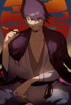  1boy bangs belt black_belt clenched_teeth collarbone commentary_request dangan_ronpa_(series) dangan_ronpa_v3:_killing_harmony facial_hair goatee grin hair_between_eyes hand_up highres holding holding_pipe indian_style jacket jacket_on_shoulders japanese_clothes long_sleeves looking_at_viewer male_focus momota_kaito pipe purple_hair red_background shiny shiny_hair sitting smile solo suurin_(ksyaro) teeth 