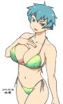  1girl blue_eyes blue_hair breasts collarbone dated large_breasts looking_at_viewer navel open_mouth original short_hair signature simple_background smile solo swimsuit tsukudani_(coke-buta) white_background 