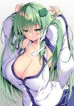  1girl armpits arms_up bangs blue_skirt blush breasts closed_mouth collar detached_sleeves eyebrows_visible_through_hair eyes_visible_through_hair frog_hair_ornament gradient gradient_background green_eyes green_hair grey_background hair_between_eyes hair_ornament hair_tubes highres kochiya_sanae large_breasts light long_hair long_sleeves looking_at_viewer sakurame shadow shirt skirt smile snake_hair_ornament solo touhou white_background white_shirt white_sleeves wide_sleeves 