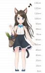  1girl absurdres aina_(mao_lian) animal_ear_fluff animal_ears bag bare_arms bare_shoulders black_skirt blue_bow blue_eyes blue_footwear blue_neckwear blush bow bowtie brown_hair cat_ears cat_tail closed_mouth collared_shirt full_body height_chart high-waist_skirt highres long_hair looking_at_viewer mao_lian_(nekokao) musical_note original pigeon-toed shirt shoes skirt sleeveless sleeveless_shirt smile solo standing tail white_shirt wind wind_lift wing_collar 
