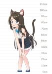  1girl aina_(mao_lian) animal_ear_fluff animal_ears bare_arms bare_shoulders black_skirt blue_bow blue_eyes blue_footwear blue_neckwear blush bow bowtie brown_hair cat_ears cat_tail collared_shirt full_body hands_on_own_knees height_chart high-waist_skirt highres long_hair looking_at_viewer mao_lian_(nekokao) open_mouth original shirt shoes skirt sleeveless sleeveless_shirt smile solo standing tail tail_raised very_long_hair white_shirt wing_collar 