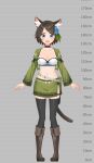  1girl :d aina_(mao_lian) animal_ear_fluff animal_ears arms_at_sides black_choker black_legwear blue_eyes blue_flower blush breasts brown_footwear brown_hair cat_ears cat_tail choker cropped_jacket cross-laced_footwear flower fold-over_boots green_jacket green_skirt hair_flower hair_ornament height_chart highres jacket long_sleeves looking_at_viewer mao_lian_(nekokao) medium_breasts midriff miniskirt navel open_clothes open_jacket open_mouth original pigeon-toed short_hair skirt smile solo standing tail thigh-highs thigh_strap zettai_ryouiki 