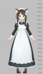  1girl aina_(mao_lian) alternate_costume animal_ear_fluff animal_ears apron arms_at_sides black_dress blue_eyes blue_neckwear blue_ribbon blush brown_footwear brown_hair cat_ears cat_tail cross-laced_footwear dress enmaided flower hair_flower hair_ornament hat height_chart highres juliet_sleeves long_dress long_sleeves looking_at_viewer maid mao_lian_(nekokao) neck_ribbon nurse_cap open_mouth original pigeon-toed puffy_sleeves ribbon smile solo standing tail white_apron white_flower white_headwear 