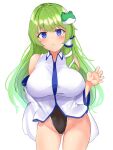  1girl competition_swimsuit cowboy_shot eyebrows_visible_through_hair frog frog_hair_ornament green_eyes green_hair gunpuu hair_between_eyes hair_ornament hair_tubes highres kochiya_sanae long_hair looking_at_viewer o one-piece_swimsuit swimsuit swimsuit_under_clothes touhou 