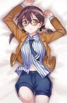  1girl blue_shorts blush breasts brown_eyes brown_hair gertrud_barkhorn glasses hair_ornament hairclip looking_at_viewer lying navel necktie niina_ryou on_back open_mouth shiny shiny_hair shirt shorts small_breasts solo strike_witches striped striped_shirt world_witches_series 