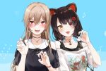  2girls animal_ears black_hair brown_hair choker claw_pose dog_ears dog_girl dog_hair_ornament fangs furen_e_lustario hair_between_eyes hair_ornament heterochromia highres inui_toko jewelry long_hair low_twintails multiple_girls necklace nijisanji official_alternate_costume open_mouth red_eyes rinderon0722 shirt t-shirt tank_top twintails virtual_youtuber yellow_eyes 