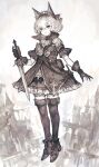  1girl animal_ears armor boots bow commentary_request dagger fanny_pack frilled_skirt frilled_sleeves frills gloves hair_bow high_collar highres knife leather leather_gloves original sepia sheath sheathed short_sleeves short_sword shoulder_armor skirt solo sword thigh-highs weapon yanyan_(shinken_gomi) 
