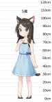  1girl absurdres aina_(mao_lian) animal_ear_fluff animal_ears bare_shoulders blue_dress blue_eyes blue_footwear blush brown_hair cat_ears cat_tail character_age closed_mouth commentary dot_nose dress hand_on_own_chest height_chart highres long_hair mao_lian_(nekokao) original pigeon-toed shoes smile solo standing tail translated 