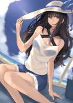  1girl bangs bare_shoulders beach black_hair blue_shorts blue_sky blush breasts camisole collarbone cutoffs denim denim_shorts grey_eyes hat highres hinomaru_(futagun) long_hair looking_at_viewer medium_breasts original short_shorts shorts sitting sky solo sun_hat thighs white_camisole white_headwear 