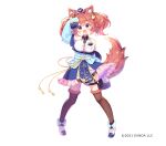  1girl :d animal_ear_fluff animal_ears aoi_yun arm_up bangs bare_shoulders blue_headwear blue_jacket blue_skirt blush boots breasts brown_hair brown_legwear collared_shirt commentary_request copyright_request dog_ears dog_girl dog_hair_ornament dog_tail dress_shirt eyebrows_visible_through_hair fang full_body fur-trimmed_legwear fur_trim hair_between_eyes hair_ornament hat head_tilt jacket large_breasts legs_apart long_sleeves looking_at_viewer mini_hat off_shoulder official_art open_clothes open_jacket open_mouth shirt simple_background skirt sleeveless sleeveless_shirt sleeves_past_fingers sleeves_past_wrists smile solo standing tail thick_eyebrows thigh-highs thighhighs_under_boots twintails violet_eyes watermark white_background white_footwear white_shirt 