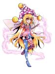  1girl american_flag_dress american_flag_legwear asymmetrical_legwear blonde_hair blush_stickers breasts clownpiece dress eyebrows_visible_through_hair fairy_wings full_body hair_between_eyes hat holding holding_torch jester_cap leg_up long_hair neck_ruff no_shoes open_mouth shen_li short_dress short_sleeves small_breasts solo standing standing_on_one_leg torch touhou transparent_background very_long_hair wings 