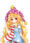  1girl bangs blonde_hair closed_mouth clownpiece hat jester_cap ke-ta_(style) long_hair looking_at_viewer polka_dot simple_background smile solo touhou white_background zhi_xixi 