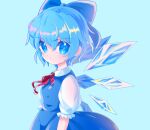  1girl bangs blue_background blue_bow blue_dress blue_eyes blue_hair bow bowtie breasts cirno closed_mouth collar dress eyebrows_visible_through_hair eyes_visible_through_hair hair_between_eyes ice ice_wings looking_at_viewer medium_breasts oataruu puffy_short_sleeves puffy_sleeves red_bow red_neckwear shirt short_hair short_sleeves simple_background solo touhou white_shirt wings 