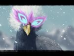  bird blue_eyes blurry closed_mouth commentary_request glowing highres hisuian_braviary hisuian_form no_humans pokemon pokemon_(creature) rend snowing solo white_fur 