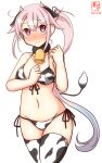  1girl animal_ears animal_print artist_logo bell bikini blue_hair collarbone commentary_request covered_nipples cow_ears cow_horns cow_print cow_tail cowbell cowboy_shot dated fake_animal_ears fake_horns front-tie_top gradient_hair harusame_(kancolle) horns kanon_(kurogane_knights) kantai_collection long_hair looking_at_viewer lowleg lowleg_bikini multicolored_hair one-hour_drawing_challenge pink_hair red_eyes side-tie_bikini side_ponytail simple_background solo swimsuit tail thigh-highs white_background white_bikini white_legwear 