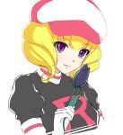  1girl akino_subaru blonde_hair domino_(pokemon) drill_hair eyebrows_visible_through_hair flower gloves hat holding holding_flower lips pokemon short_hair sketch solo team_rocket team_rocket_uniform tulip upper_body violet_eyes white_background white_gloves 