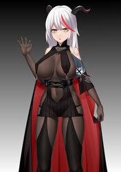  1girl absurdres aegir_(azur_lane) azur_lane bare_shoulders black_cape black_gloves black_legwear black_skirt bodystocking breast_curtains cape clothing_cutout cross cross-laced_clothes cross_earrings demon_horns earrings elbow_gloves gloves highres horns huahuademaomaotou impossible_clothes iron_cross jewelry long_hair looking_at_viewer microskirt multicolored_hair redhead skin_tight skirt solo stomach_cutout streaked_hair two-tone_hair underbust white_hair yellow_eyes 