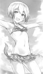  1girl absurdres armpits bikini blush breasts dog_tail erica_hartmann eyebrows_visible_through_hair fankupl greyscale highres looking_at_viewer monochrome navel ocean open_mouth outdoors outstretched_arms short_hair sky small_breasts smile solo spread_arms strike_witches swimsuit tail world_witches_series 