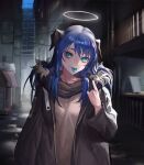  1girl alley arknights bangs black_jacket black_nails black_scarf blue_eyes blue_hair blue_tongue chinese_commentary city closed_mouth colored_tongue commentary_request demon_horns fengyin_shici_guozi halo hand_up highres horns index_finger_raised jacket long_hair long_sleeves looking_at_viewer mostima_(arknights) night open_clothes open_jacket outdoors power_lines scarf shirt solo tongue tongue_out upper_body white_shirt 