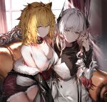  2girls animal_ears arknights bangs black_collar black_jacket blonde_hair breasts character_name chinese_commentary closed_mouth collar commentary_request couch cowboy_shot curtains day dress eyebrows_visible_through_hair fur-trimmed_jacket fur_trim grey_eyes hair_between_eyes hand_up highres horns indoors jacket jewelry kato_(kato) large_breasts light_particles lion_ears lion_girl long_hair long_sleeves looking_at_viewer multicolored_hair multiple_girls multiple_rings off_shoulder on_couch open_clothes open_jacket red_shorts redhead ring shirt short_shorts shorts siege_(arknights) silver_hair sitting sleeveless sleeveless_shirt smile streaked_hair theresa_(arknights) watermark white_dress white_shirt window 