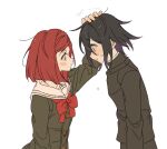  1boy 1girl arm_up bangs black_hair black_jacket blush_stickers bow brown_jacket buttons closed_mouth commentary crying dangan_ronpa_(series) dangan_ronpa_v3:_killing_harmony eye_contact from_side grey_background headpat jacket jingle_(mhb729) looking_at_another ouma_kokichi purple_hair red_bow red_neckwear redhead sailor_collar short_hair simple_background smile teardrop tears upper_body yumeno_himiko 