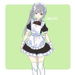  1girl alternate_costume apron black_dress border brown_eyes commentary_request cowboy_shot dress enmaided frilled_apron frills green_background grey_hair highres kantai_collection kasumi_(kancolle) long_hair looking_at_viewer maid maid_apron mochizou side_ponytail silver_hair skirt_hold solo standing thigh-highs two-tone_background white_border white_legwear wrist_cuffs 