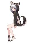  1girl animal_ears animal_hood bangs bare_legs black_hoodie black_skirt blue_eyes blush closed_mouth commentary dog_ears dog_tail fake_animal_ears from_side hair_between_eyes highres hood hood_up hoodie kohaku_nene la_peche_party long_sleeves looking_at_viewer looking_to_the_side no_shoes short_hair silver_hair simple_background sitting skirt sleeves_past_wrists socks solo syhan tail virtual_youtuber white_background white_legwear 