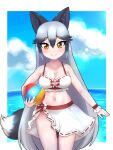  1girl animal_ears aramaru ball bare_shoulders beachball bikini blush cowboy_shot eyebrows_visible_through_hair fox_ears fox_girl fox_tail grey_hair highres kemono_friends kemono_friends_3 long_hair midriff multicolored_hair navel official_alternate_costume orange_eyes sarong silver_fox_(kemono_friends) silver_hair solo swimsuit tail white_bikini white_sarong wrist_cuffs 